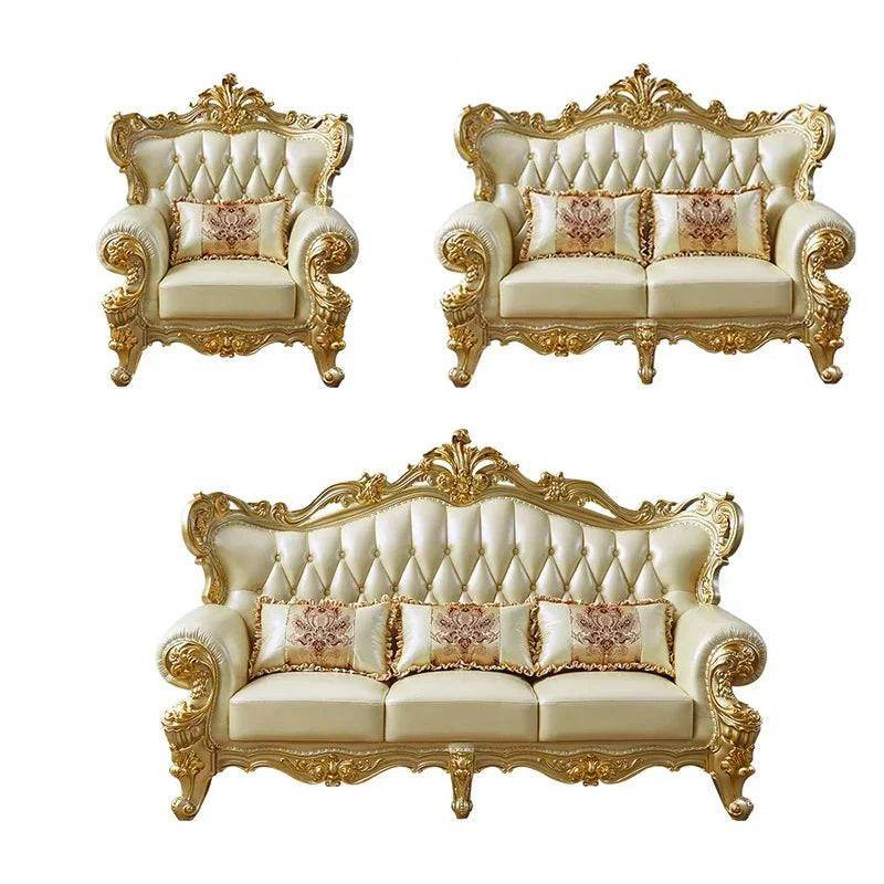 Royal European Cream Quilted Leather & Gilded Wooden Golden Living Room Sofa Set - Le Joyau Store - designer,golden,Nordic,reclining,wood - Single Seat