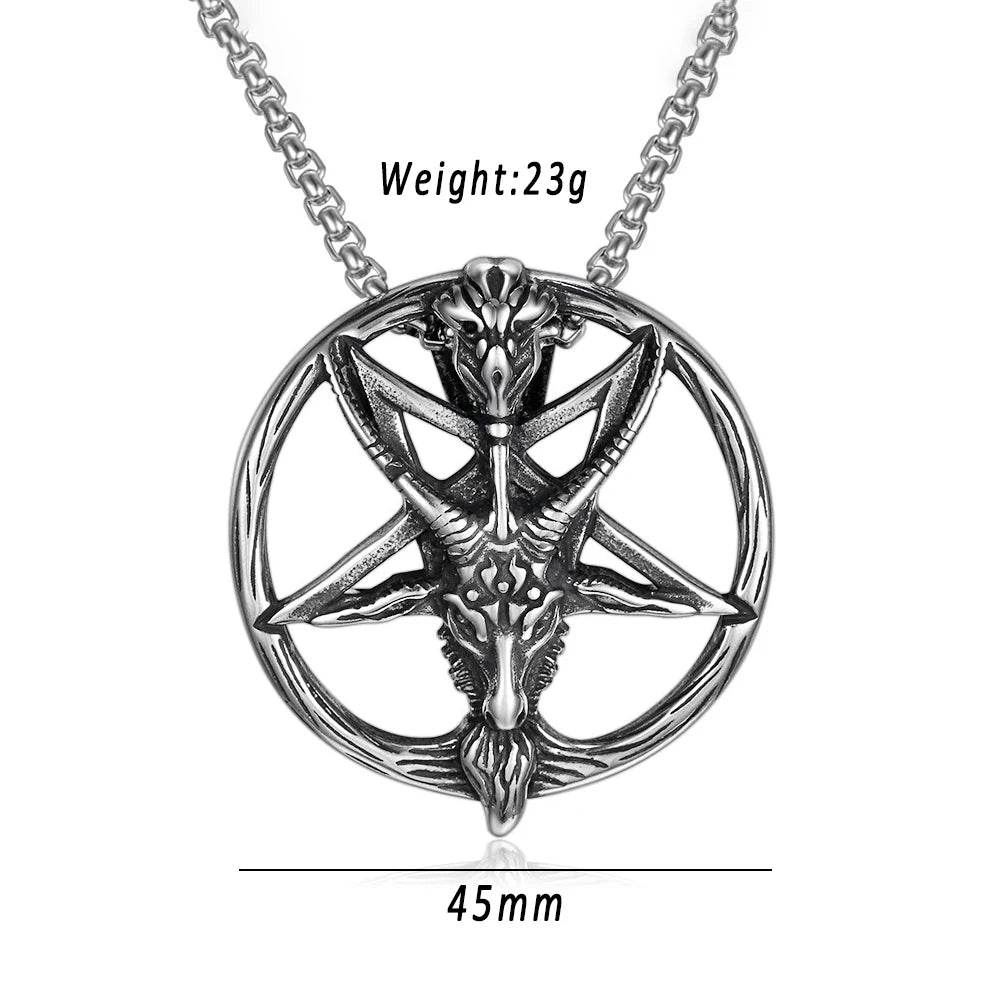 Gothic Pentagram Goat Head Satanic Devil Vintage Silver Pendant Necklace - Le Joyau Store - Biker,Pentagram,Satanic,Stainless,Vintage - With 60cm Chain