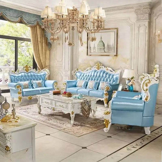 Royal European Cream Quilted Leather & Gilded Wooden Golden Living Room Sofa Set - Le Joyau Store - designer,golden,Nordic,reclining,wood - Single Seat