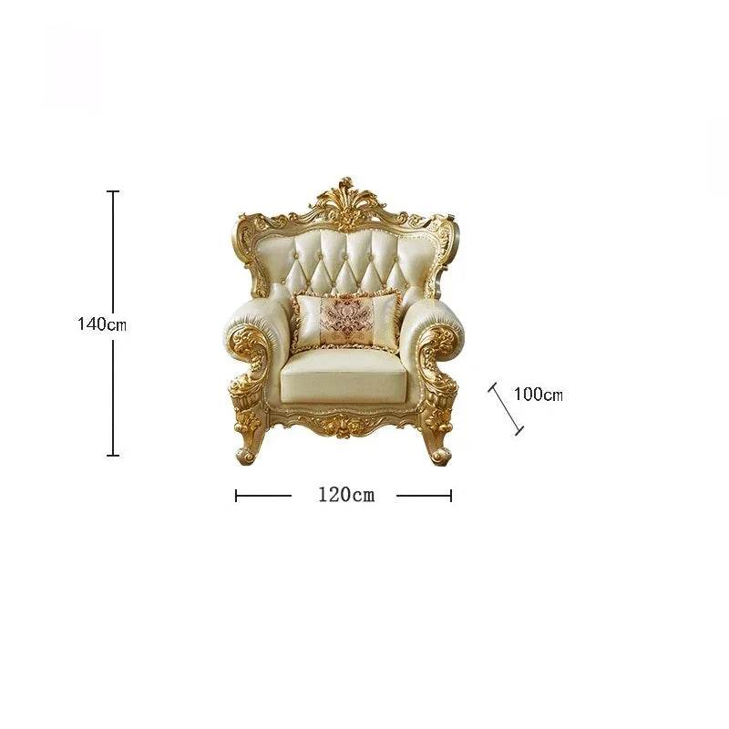 Royal European Cream Quilted Leather & Gilded Wooden Golden Living Room Sofa Set - Le Joyau Store - designer,golden,Nordic,reclining,wood - Single Seat