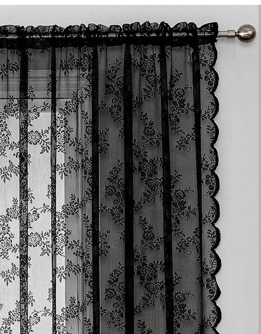 Vintage Gothic Victorian Style Floral Sheer Black Lace Net Curtain - Le Joyau Store - black lace,decor,Germany,romantic,sheer curtain - W100XW100cm / Black 2panels