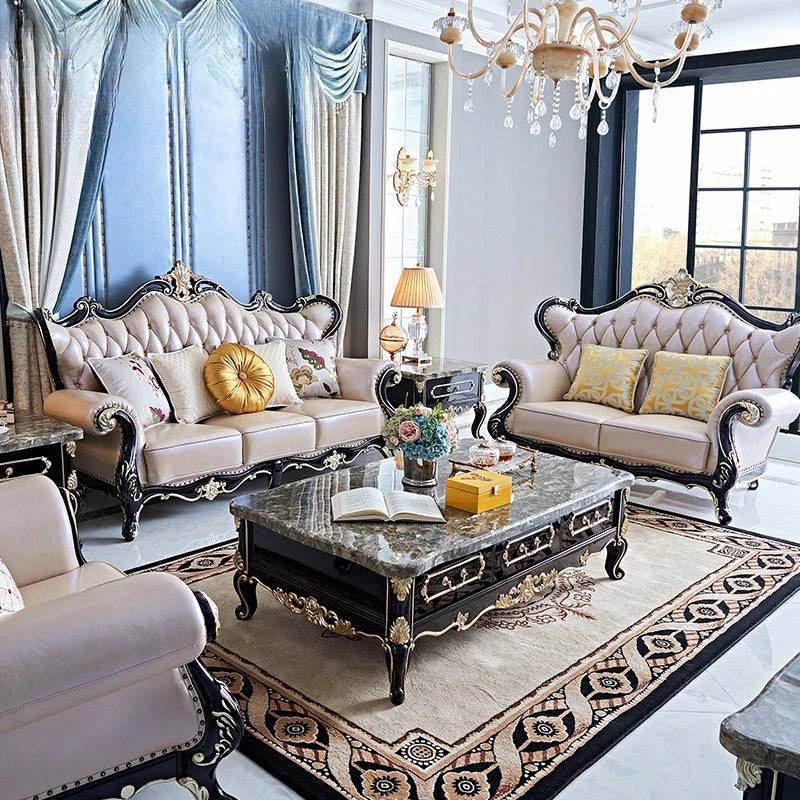 Luxury European Living Room Sofa Sets Royal Quilted Cream & Black Wood Lounge Furniture - Le Joyau Store - - Single Seater