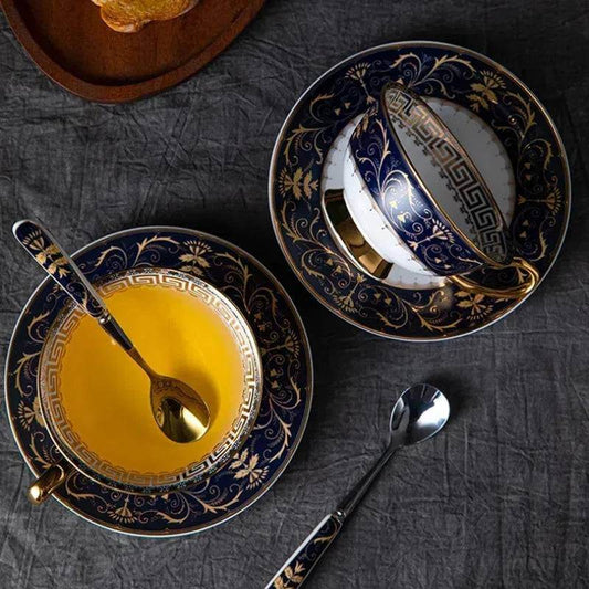 Exquisite Vintage Fine Bone China White, Black & Gold Floral Teacup Set - Le Joyau Store - 220ml,blue,bone china,ceramic,vintage - Classic Set 3pcs