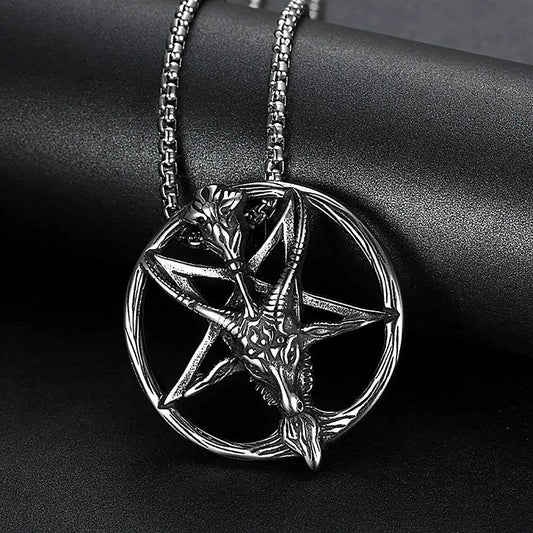 Gothic Pentagram Goat Head Satanic Devil Vintage Silver Pendant Necklace - Le Joyau Store - Biker,Pentagram,Satanic,Stainless,Vintage - With 60cm Chain