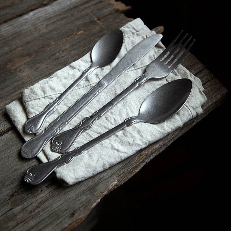 Vintage Retro Stainless Steel Tableware Antique Engraved Photography Utensils - Le Joyau Store - handmade,kitchen,photo,retro,vintage - One Set 4pcs