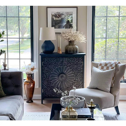 Black Gothic Carved Floral Accent Cabinet Vintage Rustic Storage with Embossed Doors - Le Joyau Store - black,durable,floral,rustic,wood - Metal Church Window