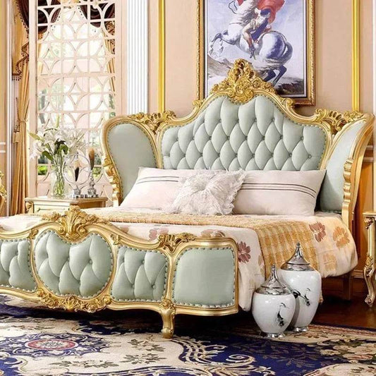 European Royal Mint Green Plush Leather King Size Luxury Bedframe with Gold Engraved Headboard - Le Joyau Store - Bedroom,Green,King Size,Leather,Modern - Bed Only