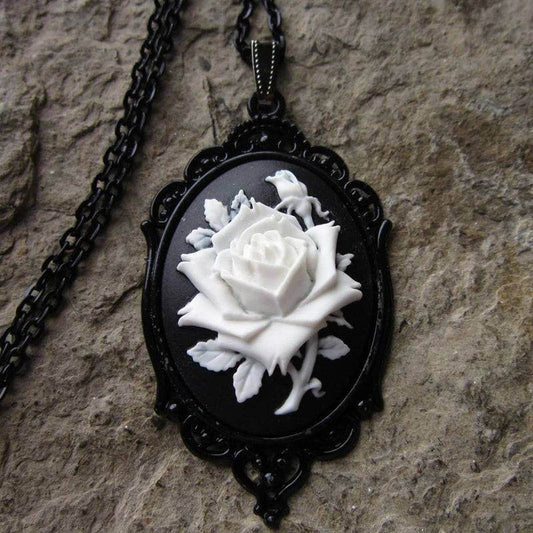 Gothic Black & White Monochrome Rose Women's Victorian Cameo Necklace - Le Joyau Store - Cameo,Choker,Gothic,Rose,Witch - Black Rose