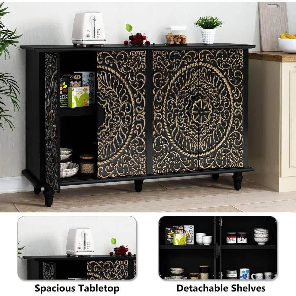 Gothic Baroque Black & Gold Sideboard Cabinet Embossed 4-Door Buffet with Ornate Carvings - Le Joyau Store - 4 doors,accent,black,vintage,wood - Black