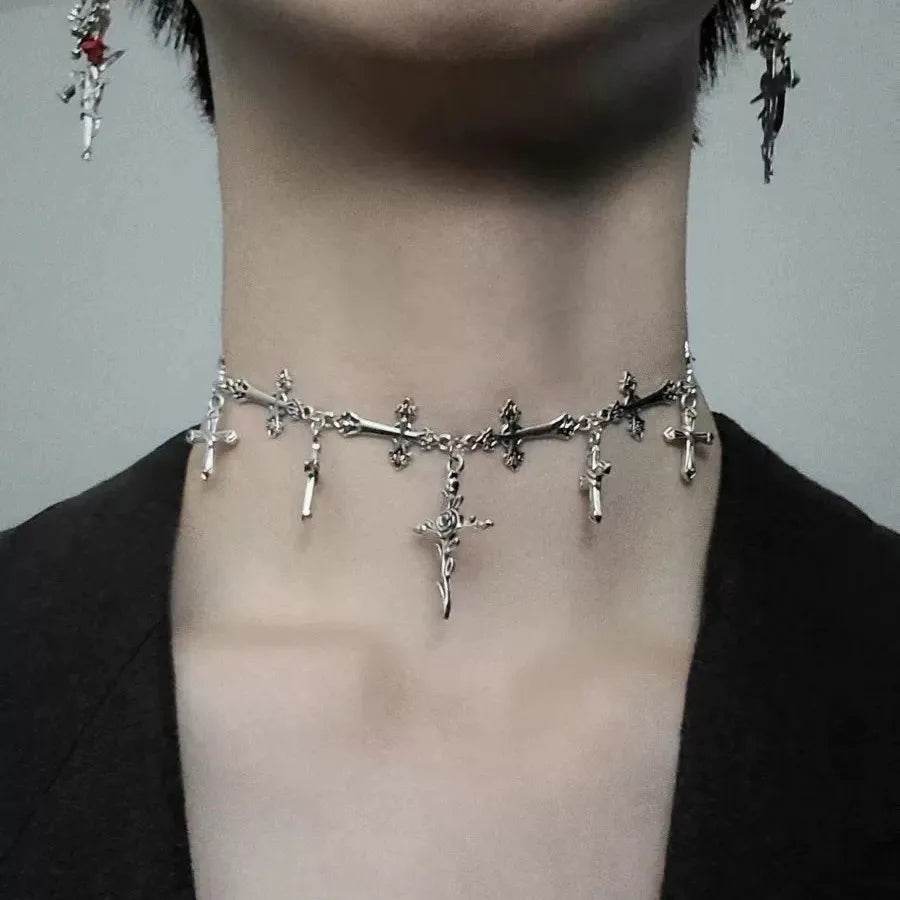 Vintage Victorian Antique Silver Gothic Link Chain Choker Necklace - Le Joyau Store - Fashion,Retro,Silver,Stainless,Women - Rhodium Plated