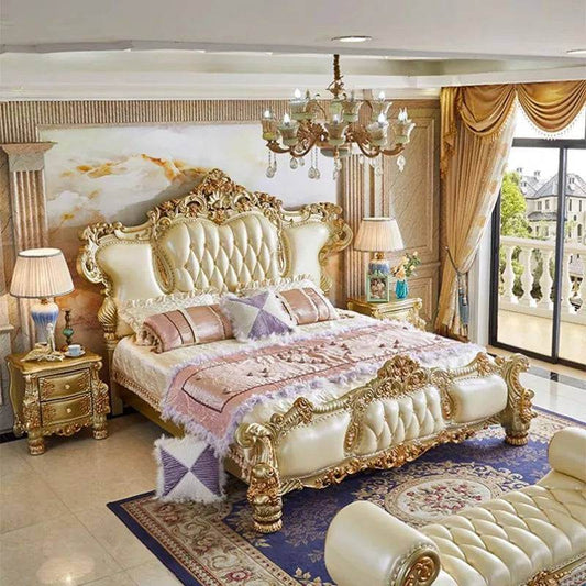 Vintage Baroque Gilded Gold Engraved King Bed Frame with Optional Matching Side Tables - Le Joyau Store - Luxury,princess,queen,royal - Frame structure / 1.8m bed 2 cabinet