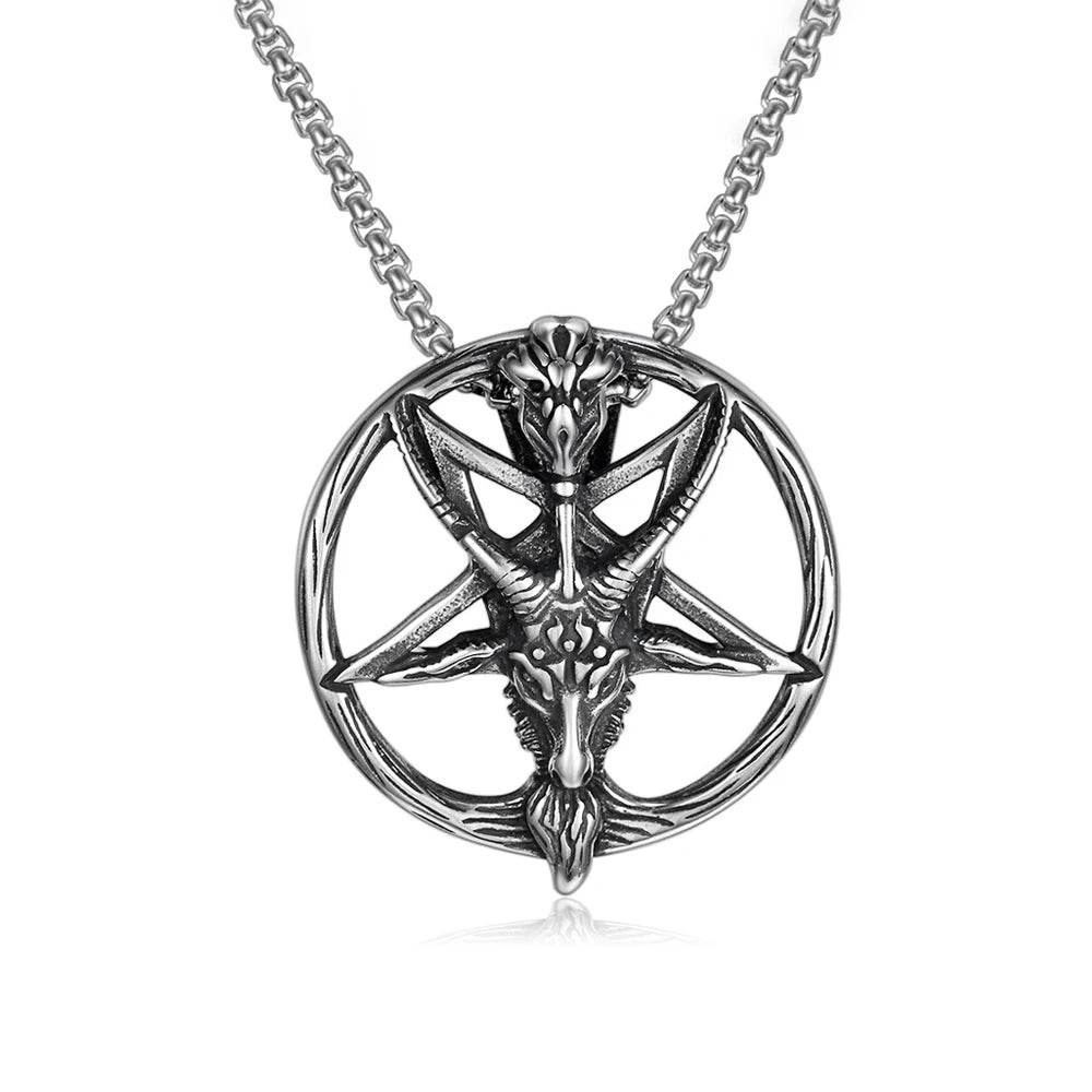 Gothic Pentagram Goat Head Satanic Devil Vintage Silver Pendant Necklace - Le Joyau Store - Biker,Pentagram,Satanic,Stainless,Vintage - With 60cm Chain