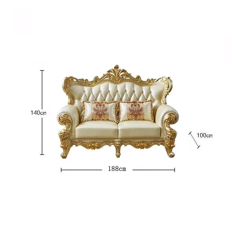 Royal European Cream Quilted Leather & Gilded Wooden Golden Living Room Sofa Set - Le Joyau Store - designer,golden,Nordic,reclining,wood - Single Seat