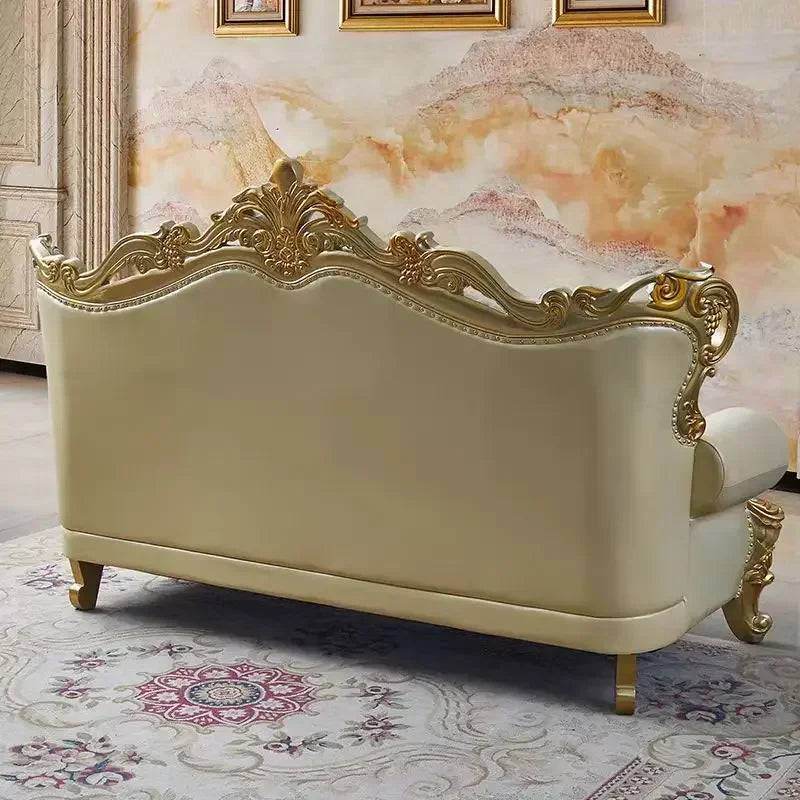 Royal European Cream Quilted Leather & Gilded Wooden Golden Living Room Sofa Set - Le Joyau Store - designer,golden,Nordic,reclining,wood - Single Seat
