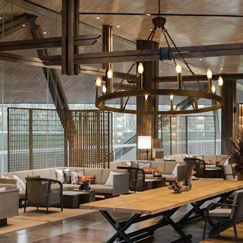 Gothic Industrial Wagon Wheel Chandelier Vintage Black Metal LED Pendant Light - Le Joyau Store - Black,Hanging,Iron,LED,Round - D100cm / Natural light 4000K