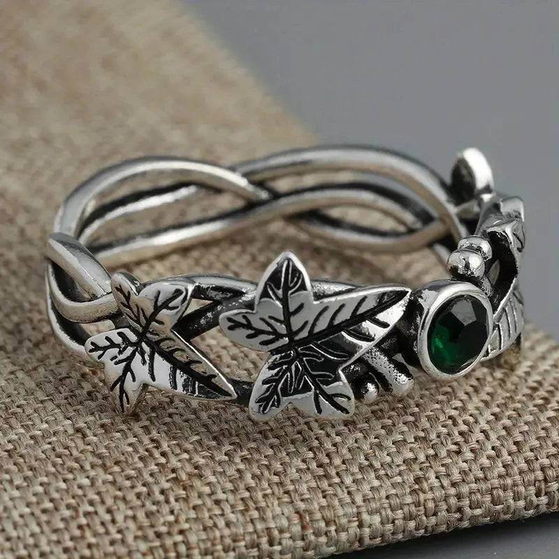 Women's Antique Silver Ivy Leaves & Emerald Gemstone Vintage Woodland Ring - Le Joyau Store - American,Creative,European,Ivy Ring,Retro Style - 6