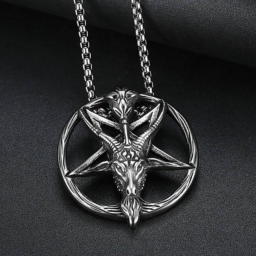 Gothic Pentagram Goat Head Satanic Devil Vintage Silver Pendant Necklace - Le Joyau Store - Biker,Pentagram,Satanic,Stainless,Vintage - With 60cm Chain