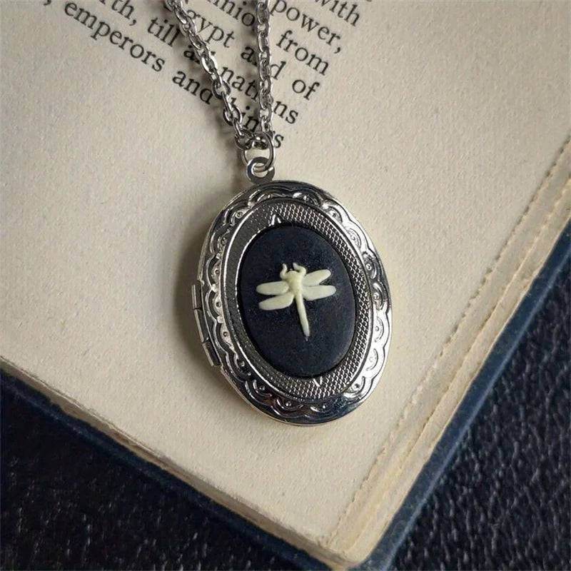 Vintage Gothic Ornate Silver Dragonfly Cameo Oval Pendant Necklace - Le Joyau Store - Dragonfly,Gothic,Retro,Vintage,Witch - Black