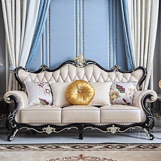 Luxury European Living Room Sofa Sets Royal Quilted Cream & Black Wood Lounge Furniture - Le Joyau Store - - Single Seater
