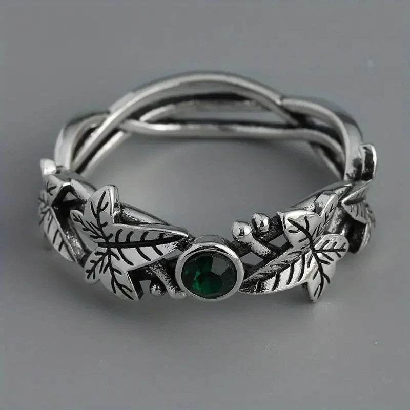 Women's Antique Silver Ivy Leaves & Emerald Gemstone Vintage Woodland Ring - Le Joyau Store - American,Creative,European,Ivy Ring,Retro Style - 6