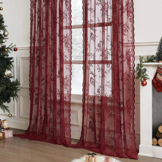 Gothic Vintage Red Rose Floral Lace Sheer Net Curtains - Le Joyau Store - Burgundy,Floral,Lace,Light Filtering,Sheer - 100x200cm / Fixed Pleat
