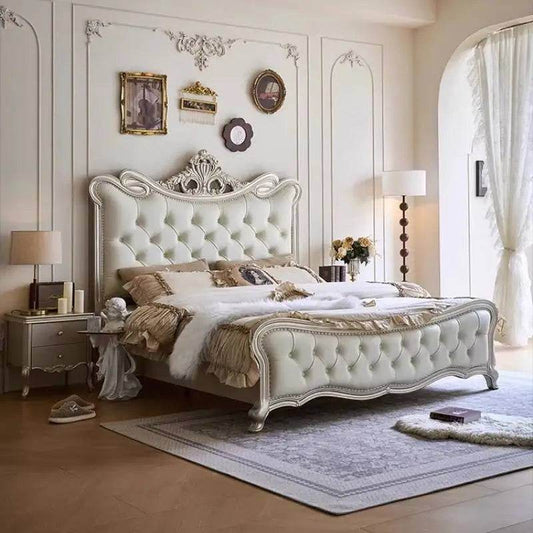 Luxury European Genuine Leather King Size Cream Royal Bed with Light Gold Engraved Headboard - Le Joyau Store - Double Bed,European,Luxury,Multifunction - 1.5x2.0M / Bed Only