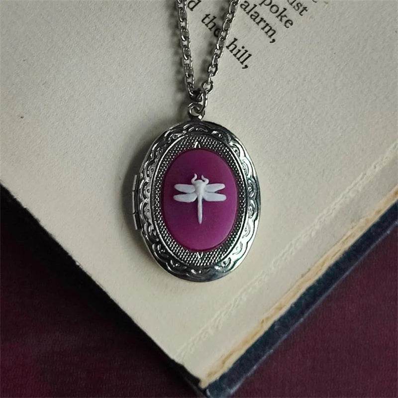 Vintage Gothic Ornate Silver Dragonfly Cameo Oval Pendant Necklace - Le Joyau Store - Dragonfly,Gothic,Retro,Vintage,Witch - Black