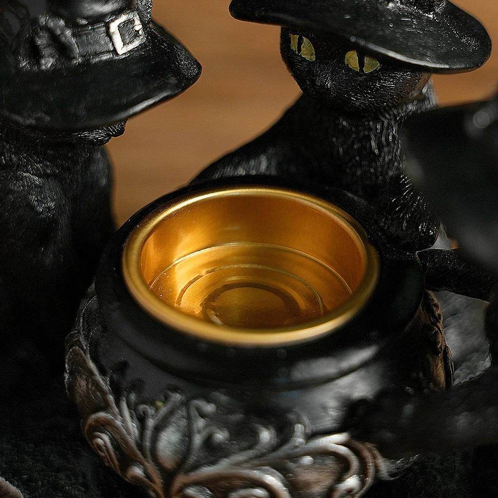 Gothic Black Cat Witches Cauldron Candle Holder - Le Joyau Store - Crafts,Halloween,Home Decor,Resin,Witch Cat -