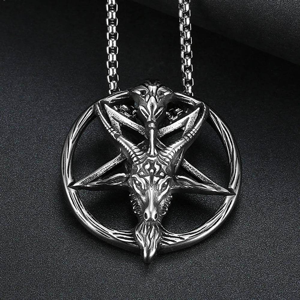 Gothic Pentagram Goat Head Satanic Devil Vintage Silver Pendant Necklace - Le Joyau Store - Biker,Pentagram,Satanic,Stainless,Vintage - With 60cm Chain