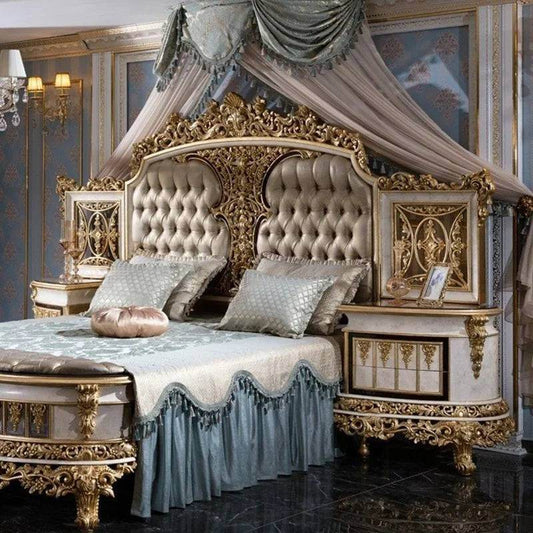 Luxury Royal Baroque Gold Double Bed European Bedroom Furniture with Optional Side Table - Le Joyau Store - Double Bed,European,Gold Engraved,Luxury,Modern - Bed