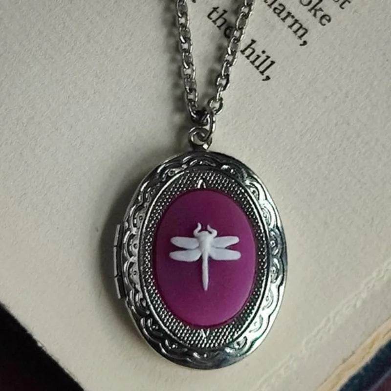 Vintage Gothic Ornate Silver Dragonfly Cameo Oval Pendant Necklace - Le Joyau Store - Dragonfly,Gothic,Retro,Vintage,Witch - Black