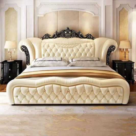 Royal Quilted Cream Pearl King Size Leather Bedframe with Gold Headboard & Optional Nightstand - Le Joyau Store - double,european,king size,modern,wooden - Pressure Structure / 1.8x2.0m Bed