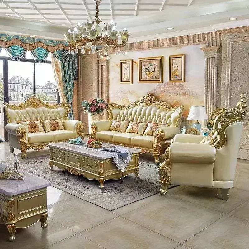 Royal European Cream Quilted Leather & Gilded Wooden Golden Living Room Sofa Set - Le Joyau Store - designer,golden,Nordic,reclining,wood - Single Seat