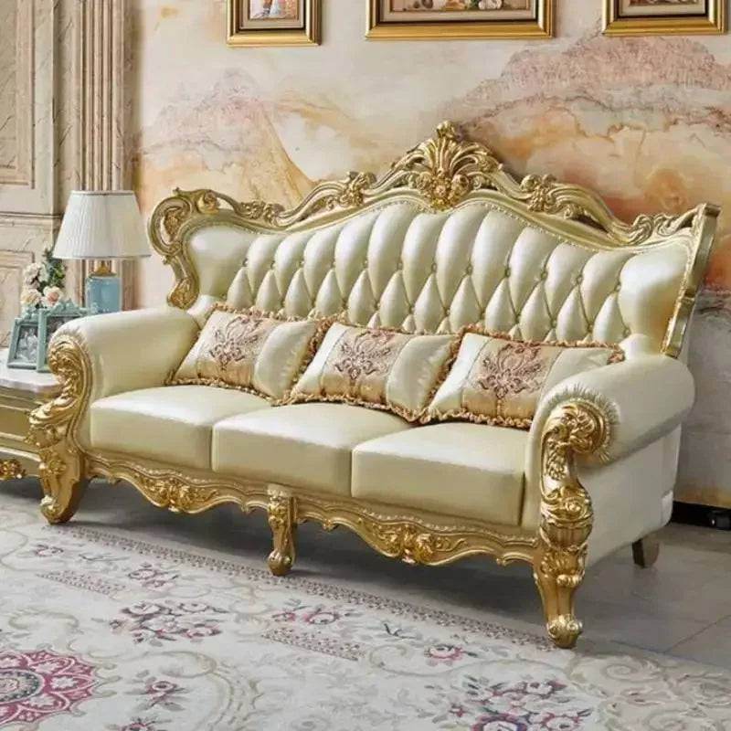 Royal European Cream Quilted Leather & Gilded Wooden Golden Living Room Sofa Set - Le Joyau Store - designer,golden,Nordic,reclining,wood - Single Seat