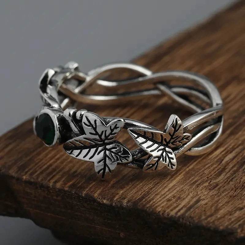 Women's Antique Silver Ivy Leaves & Emerald Gemstone Vintage Woodland Ring - Le Joyau Store - American,Creative,European,Ivy Ring,Retro Style - 6