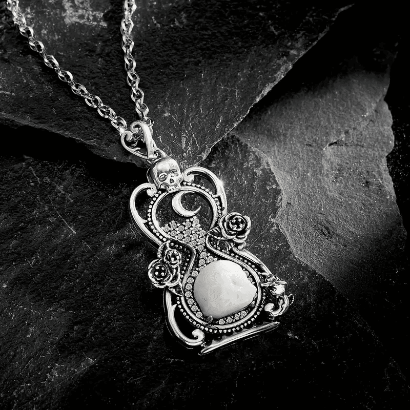 925 Sterling Silver Gothic Moonlight Vintage Hourglass with Skull & Rose Details - Le Joyau Store - 925 Silver,Cubic Zirconia,Skull,Unisex,Vintage -