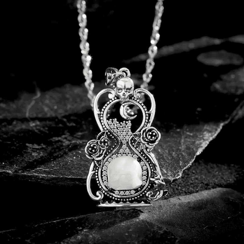 925 Sterling Silver Gothic Moonlight Vintage Hourglass with Skull & Rose Details - Le Joyau Store - 925 Silver,Cubic Zirconia,Skull,Unisex,Vintage -