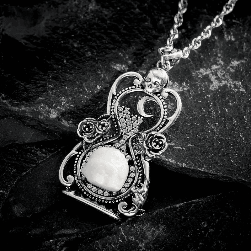 925 Sterling Silver Gothic Moonlight Vintage Hourglass with Skull & Rose Details - Le Joyau Store - 925 Silver,Cubic Zirconia,Skull,Unisex,Vintage -