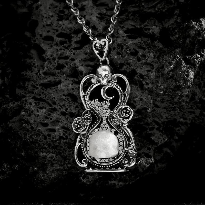 925 Sterling Silver Gothic Moonlight Vintage Hourglass with Skull & Rose Details - Le Joyau Store - 925 Silver,Cubic Zirconia,Skull,Unisex,Vintage -