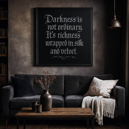 Velvet Darkness Gothic Poster – Dark Academia & Victorian Aesthetic Black & Silver Calligraphy Quote Wall Art - Le Joyau Store - Home & Living,Indoor,Matte - 10″ x 10″