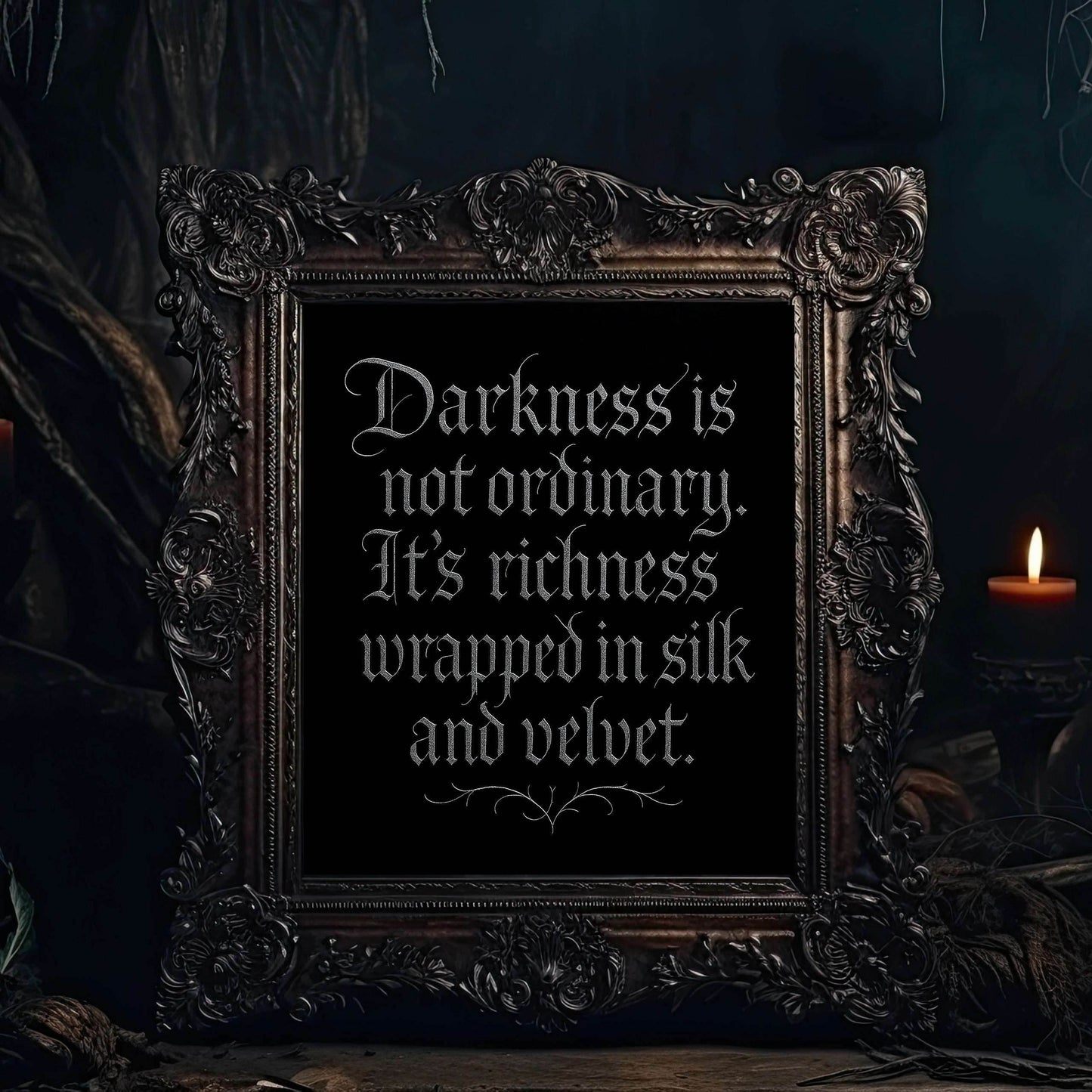 Velvet Darkness Gothic Poster – Dark Academia & Victorian Aesthetic Black & Silver Calligraphy Quote Wall Art - Le Joyau Store - Home & Living,Indoor,Matte - 10″ x 10″