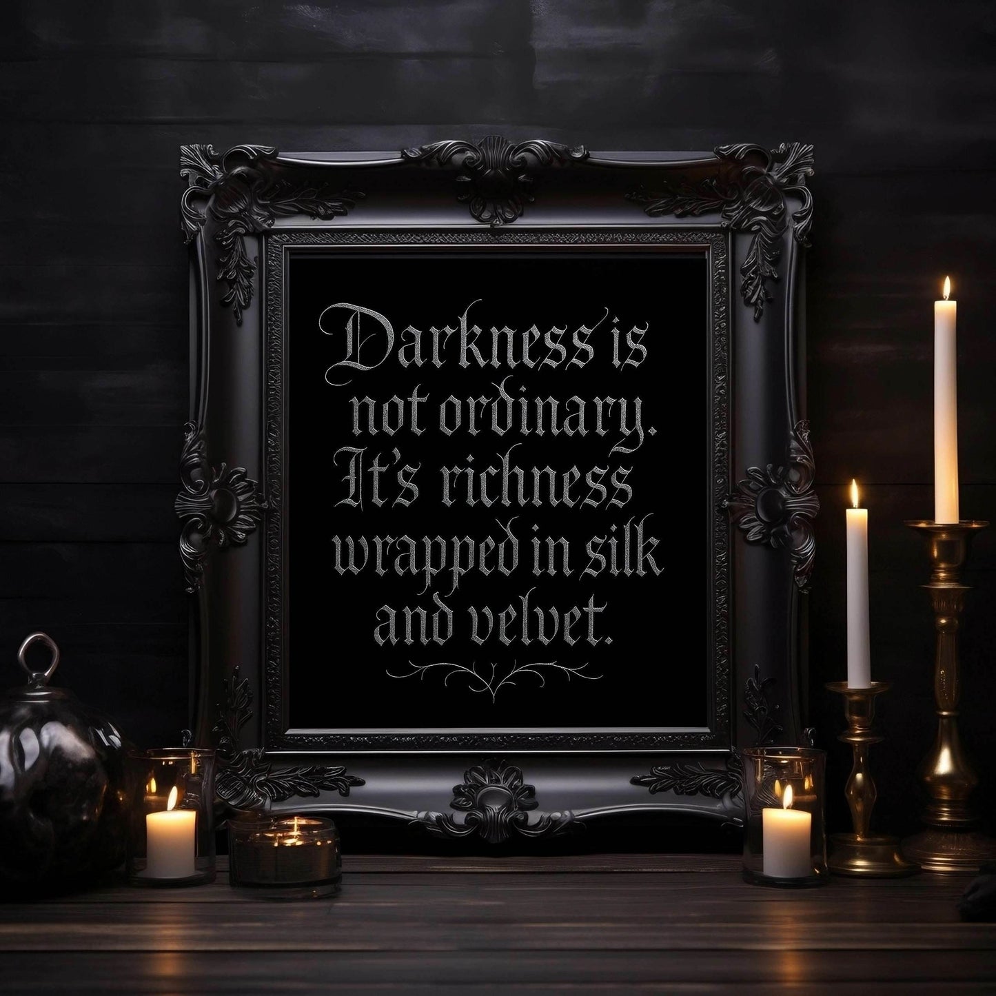 Velvet Darkness Gothic Poster – Dark Academia & Victorian Aesthetic Black & Silver Calligraphy Quote Wall Art - Le Joyau Store - Home & Living,Indoor,Matte - 10″ x 10″