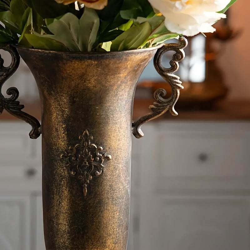 Vintage Aged Metal Bronze Cylindrical Antique Floral Vines Flower Vase - Le Joyau Store - cylindrical,dried flowers,floral design,metal vase,rustic style -