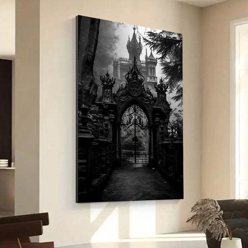 Gothic Castle Gate Victorian Black & White Wooden Canvas Art Print - Le Joyau Store - Canvas Art,Gift,Gothic,Home,Wood Frame - Framed 08×12inch/20.32×30.48cm-1 pc