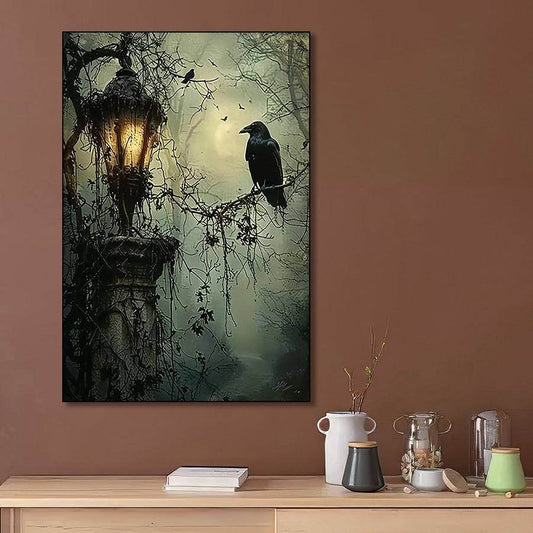 Gothic Victorian Crow & Lantern Spooky Moonlit Scene Canvas Wall Art Print - Le Joyau Store - crow,dark art,gothic,halloween,lantern - 8x12inch(20x30cm)x1