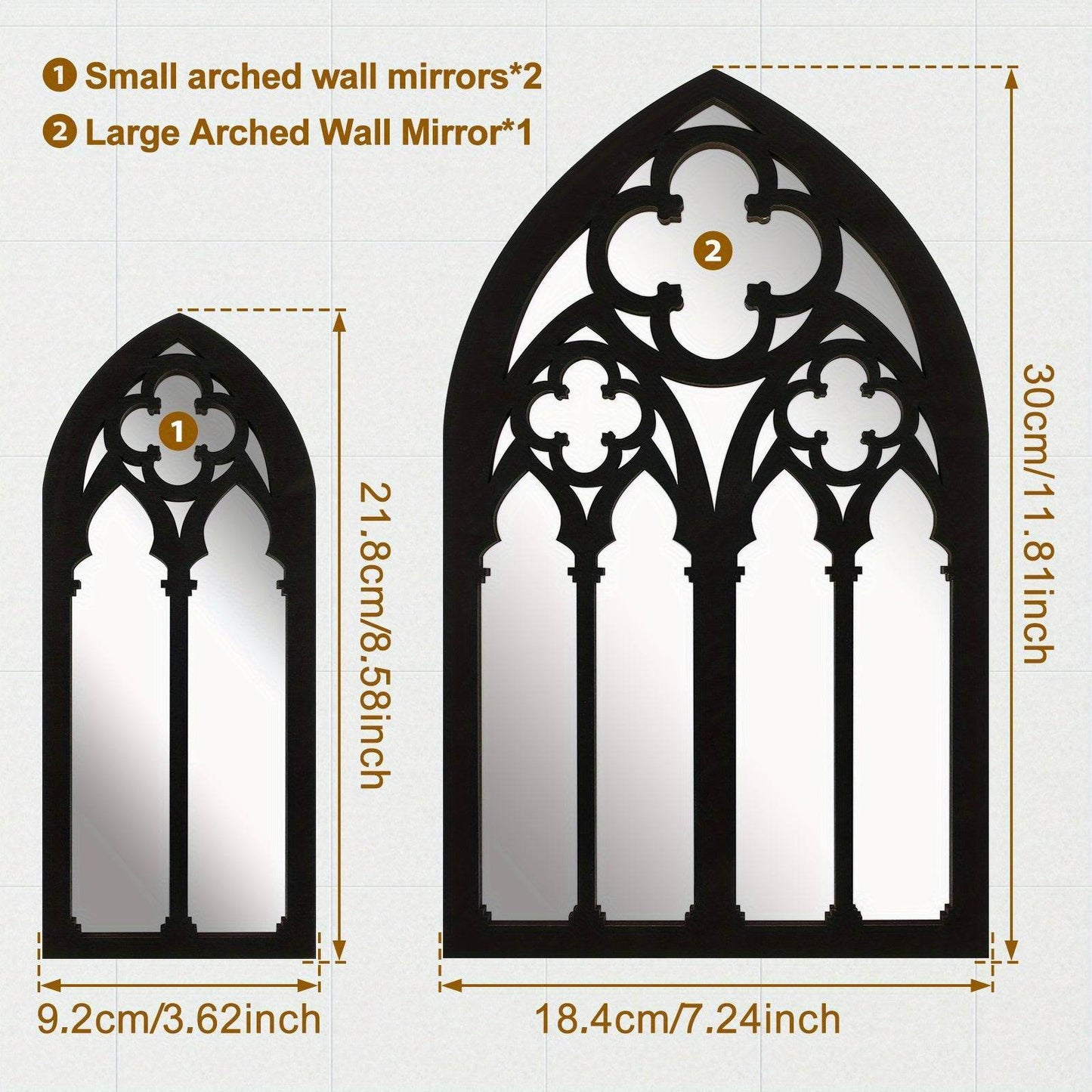Gothic Black Vintage Victorian Cathedral Arch Frame Wall Decor Mirrors (3 Pcs) - Le Joyau Store - Gothic,Mirror,Vintage,Wooden -