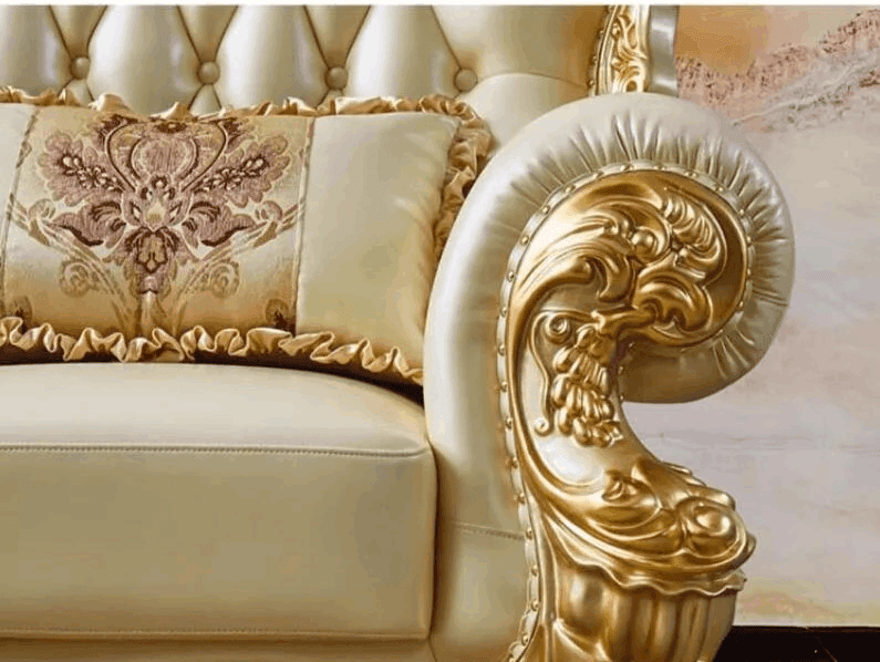 Royal European Cream Quilted Leather & Gilded Wooden Golden Living Room Sofa Set - Le Joyau Store - designer,golden,Nordic,reclining,wood - Single Seat