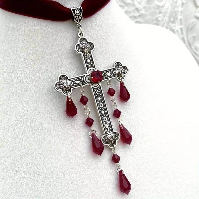 Vintage Gothic Vampire Ornate Engraved Silver & Velvet Cross Choker Necklace with Red Dripping Gems - Le Joyau Store - cross,gems,gothic,vintage,zircon -