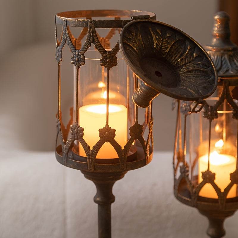 Elegant Vintage Antique Bronze Metal Floral Glass Lamppost Candle Holders (Set of 2) - Le Joyau Store - elegant,festive,glass,metal,wedding -