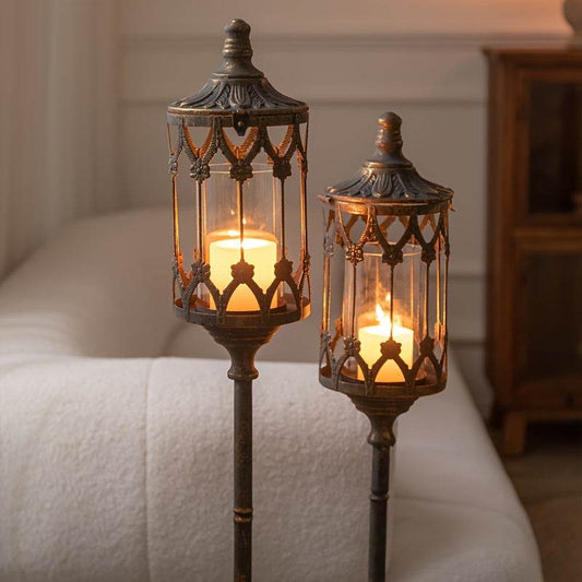 Elegant Vintage Antique Bronze Metal Floral Glass Lamppost Candle Holders (Set of 2) - Le Joyau Store - elegant,festive,glass,metal,wedding -